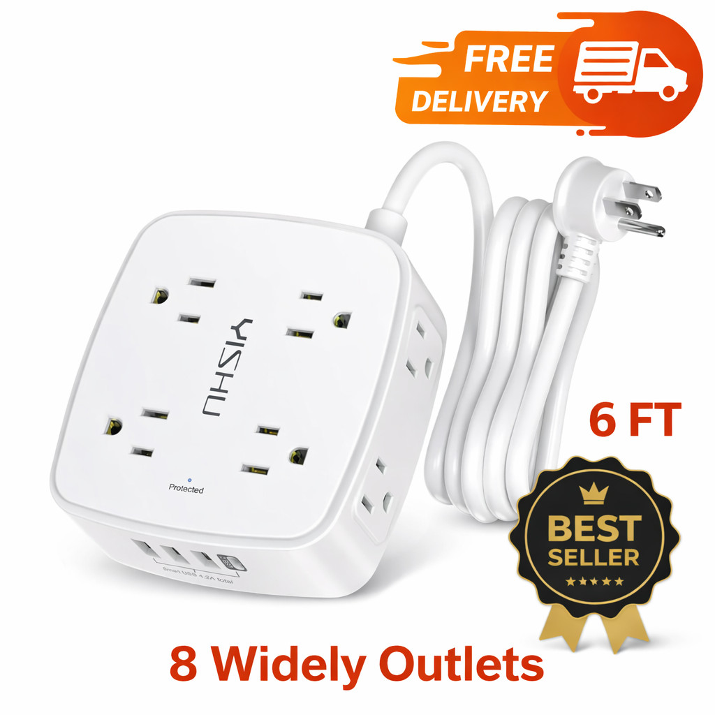 6FT Surge Protector Power Strip, 8 Widely Outlets with 4 USB Ports 3 Side Outlet