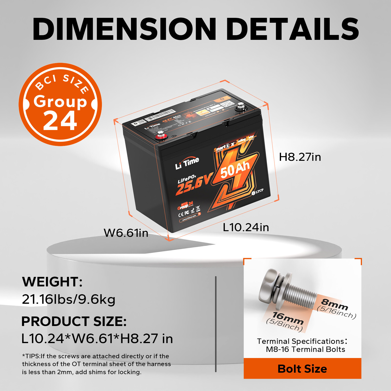 Refurbished LiTime 24V 50Ah TM Bluetooth LiFePO4 Lithium Battery For Marine Boat