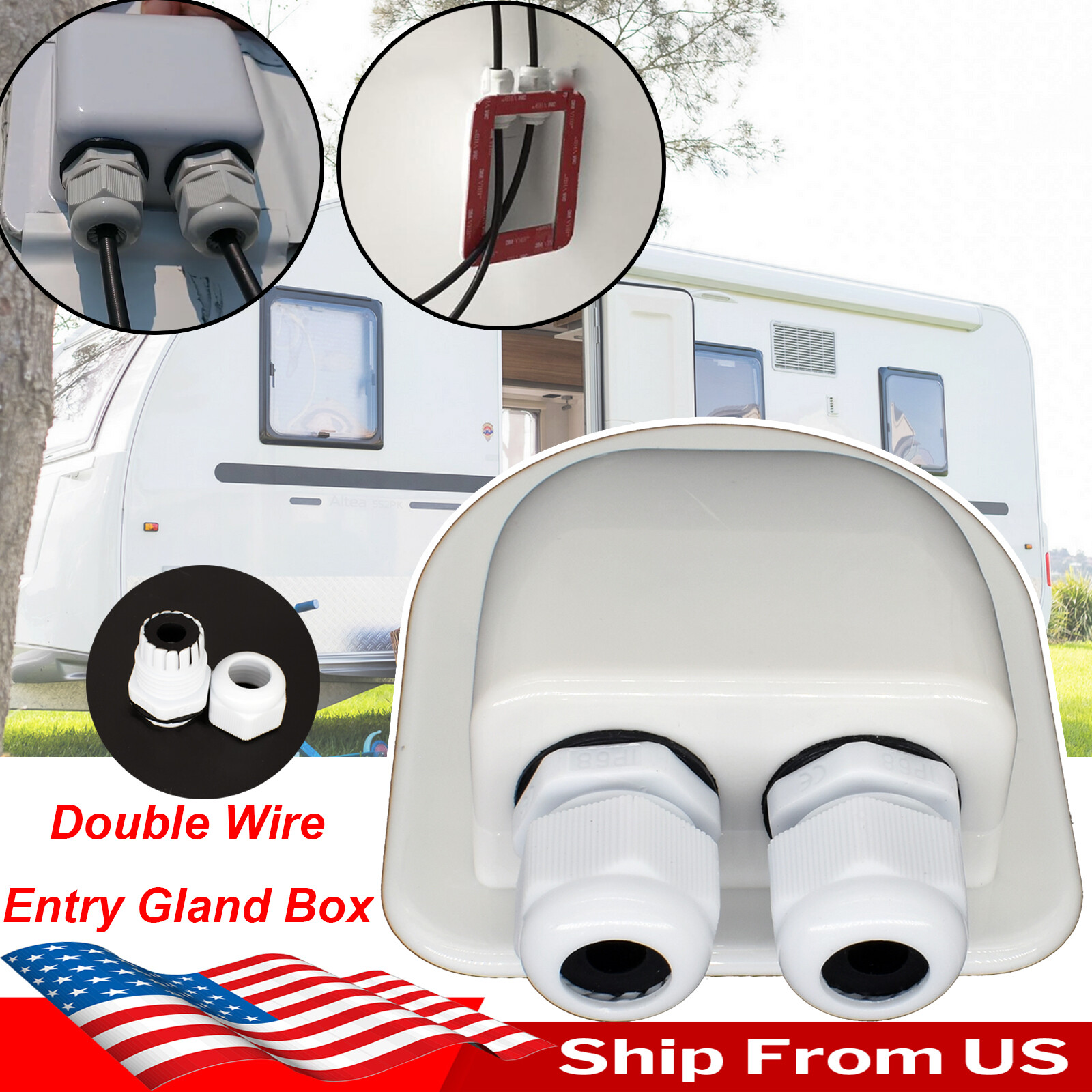 Double Wire Cable Entry Gland Box Roof Solar Panel Junction Box RV Caravan Boat.