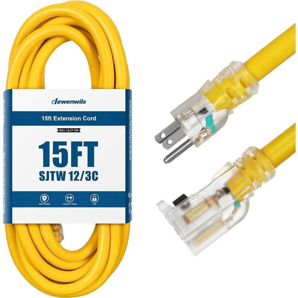 15 Ft. 12/3 Gauge SJTW Indoor/Outdoor Extension Cord with Lock, Yellow, ETL List