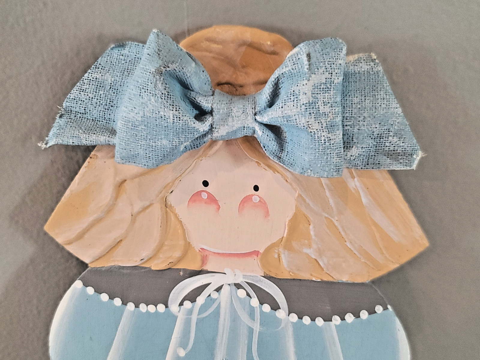 Vintage Hand Painted Wooden Girl Light Switch Cover Blue Dress Fabric Bow 8″