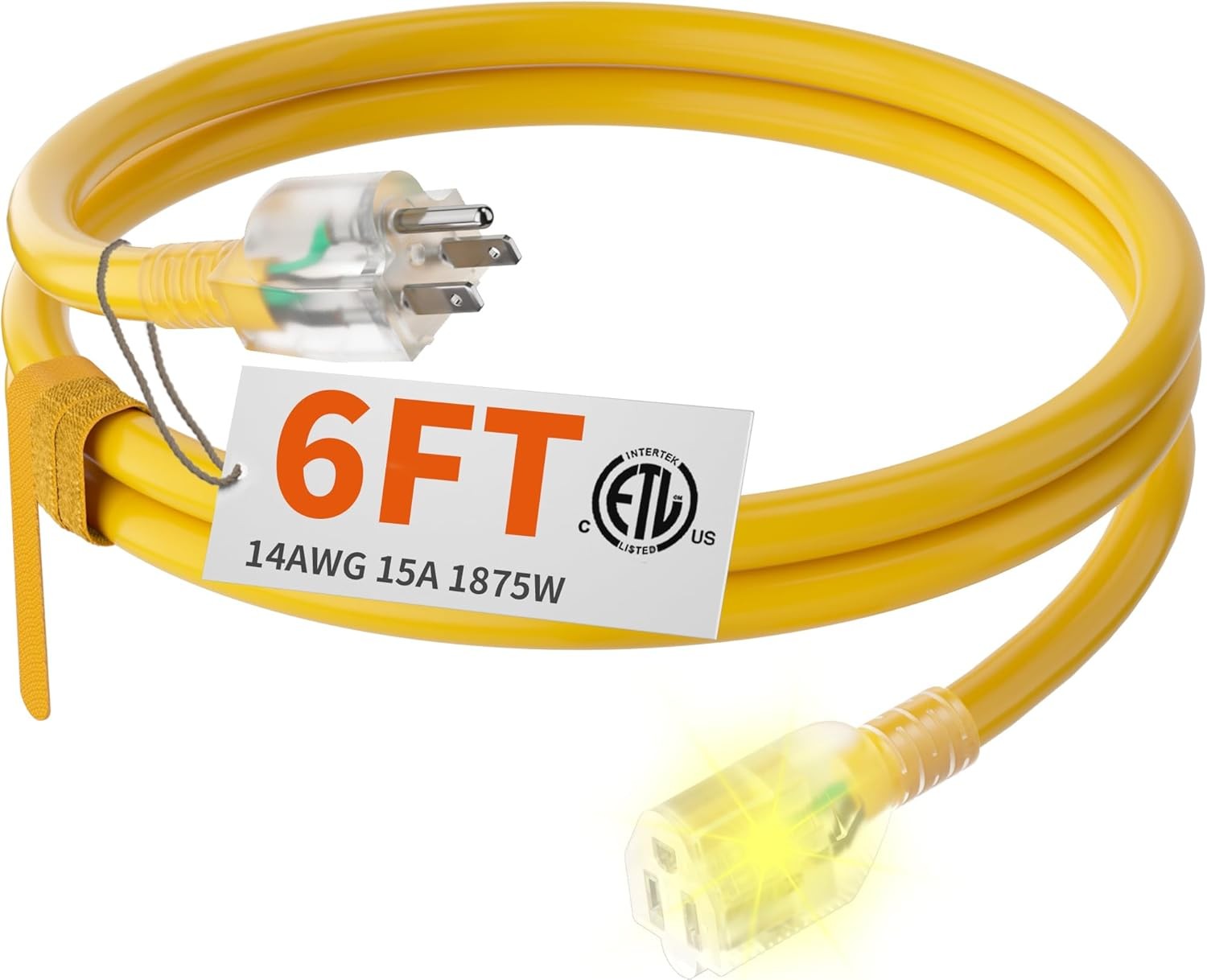 6 ft 14/3 Gauge Heavy Duty Outdoor Extension Cord Waterproof W/ Lighted Flexible