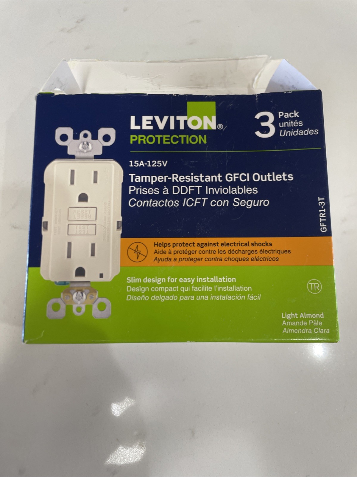 Leviton GFTR1-03T SmartlockPro 15A Polycarbonate Duplex Light Almond GFCI Outlet