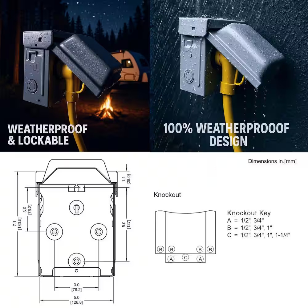 20 Amp Outdoor GFCI Outlet Box with Pullout Disconnect Switch, 125V ETL Listed W