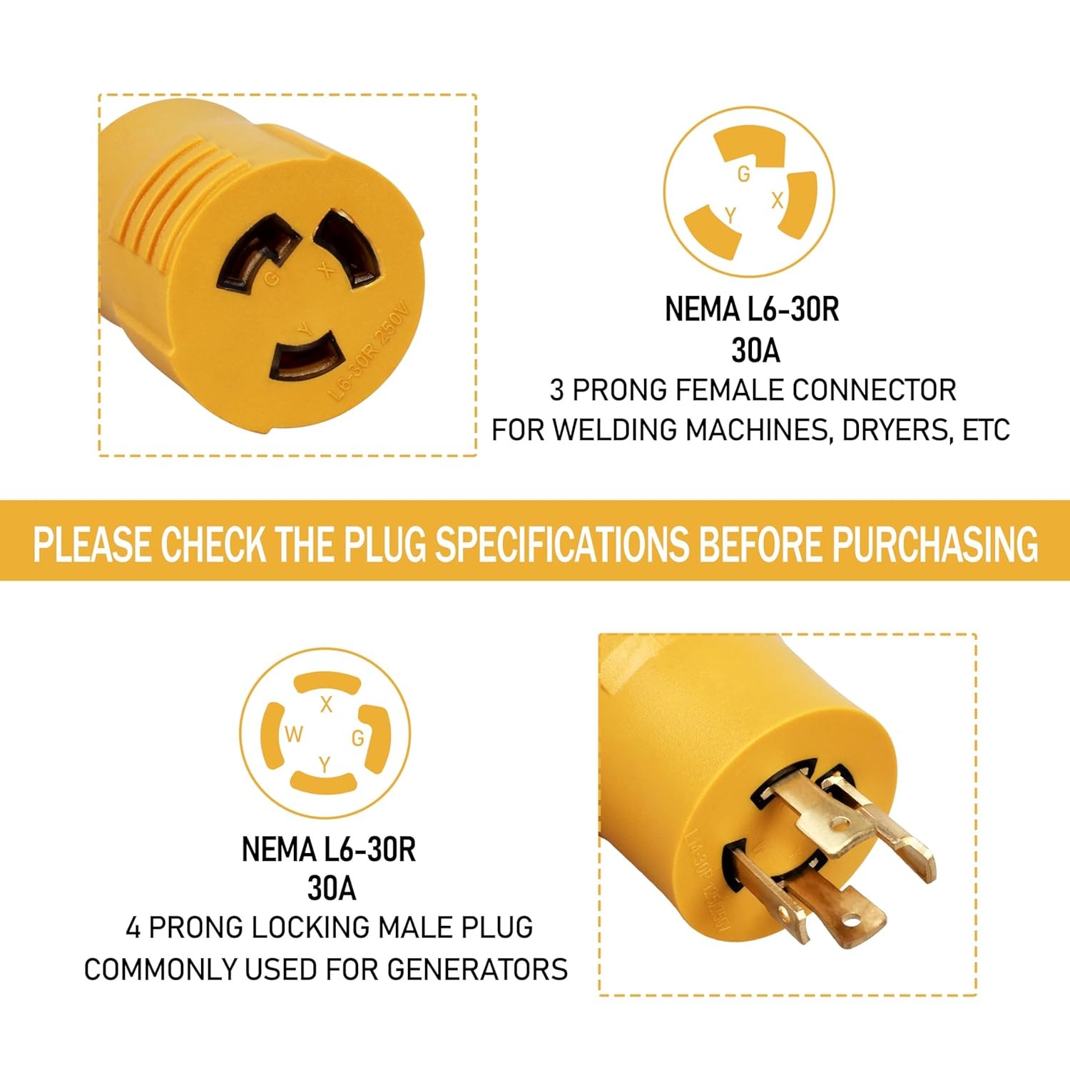 Generator to Welder Adapter – L14-30P to L6-30R 240V 30A 4 Prong to 3 Prong