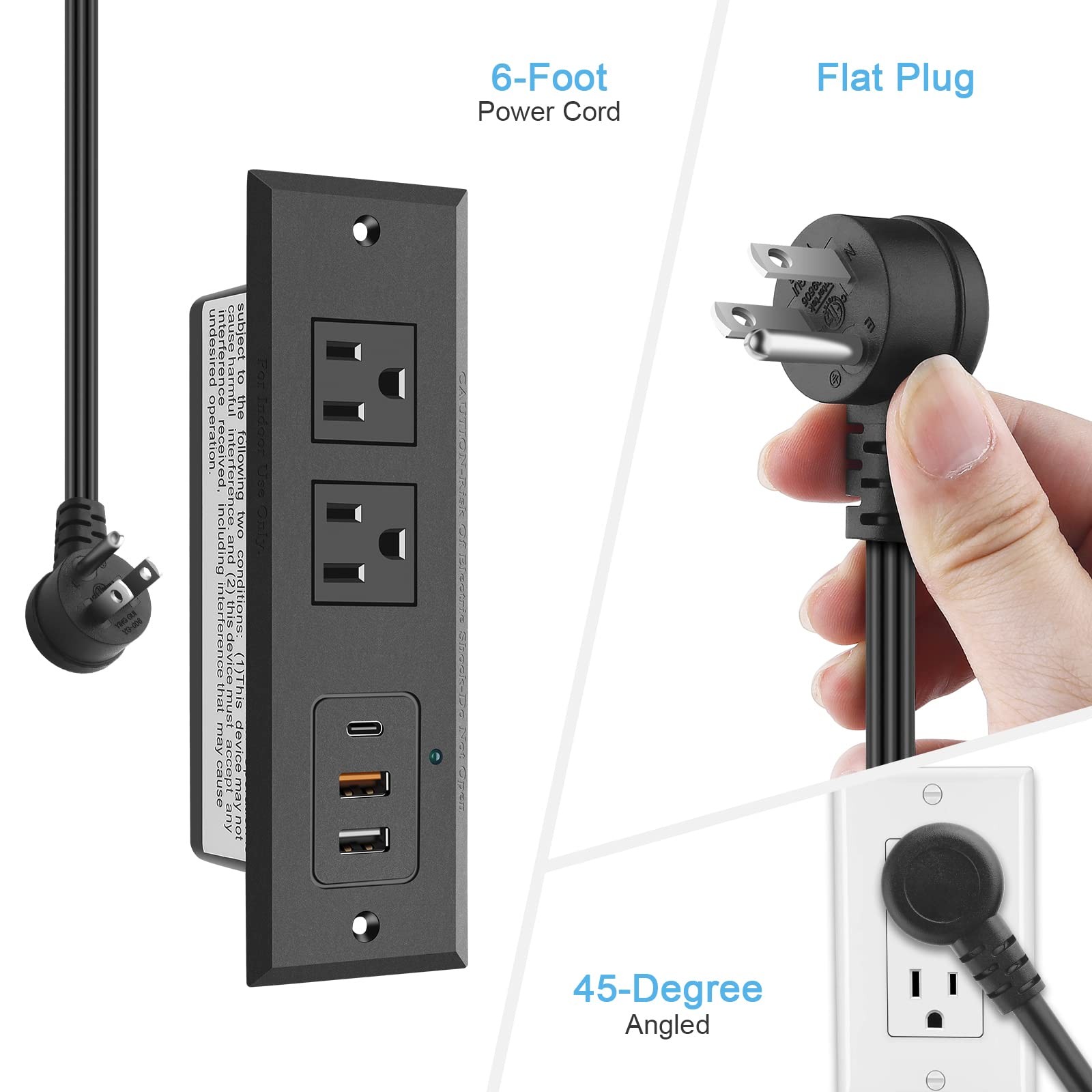 CCCEI Recessed Power Strip with 20W USB C Port, Fast Charging 6ft, 20W_Black