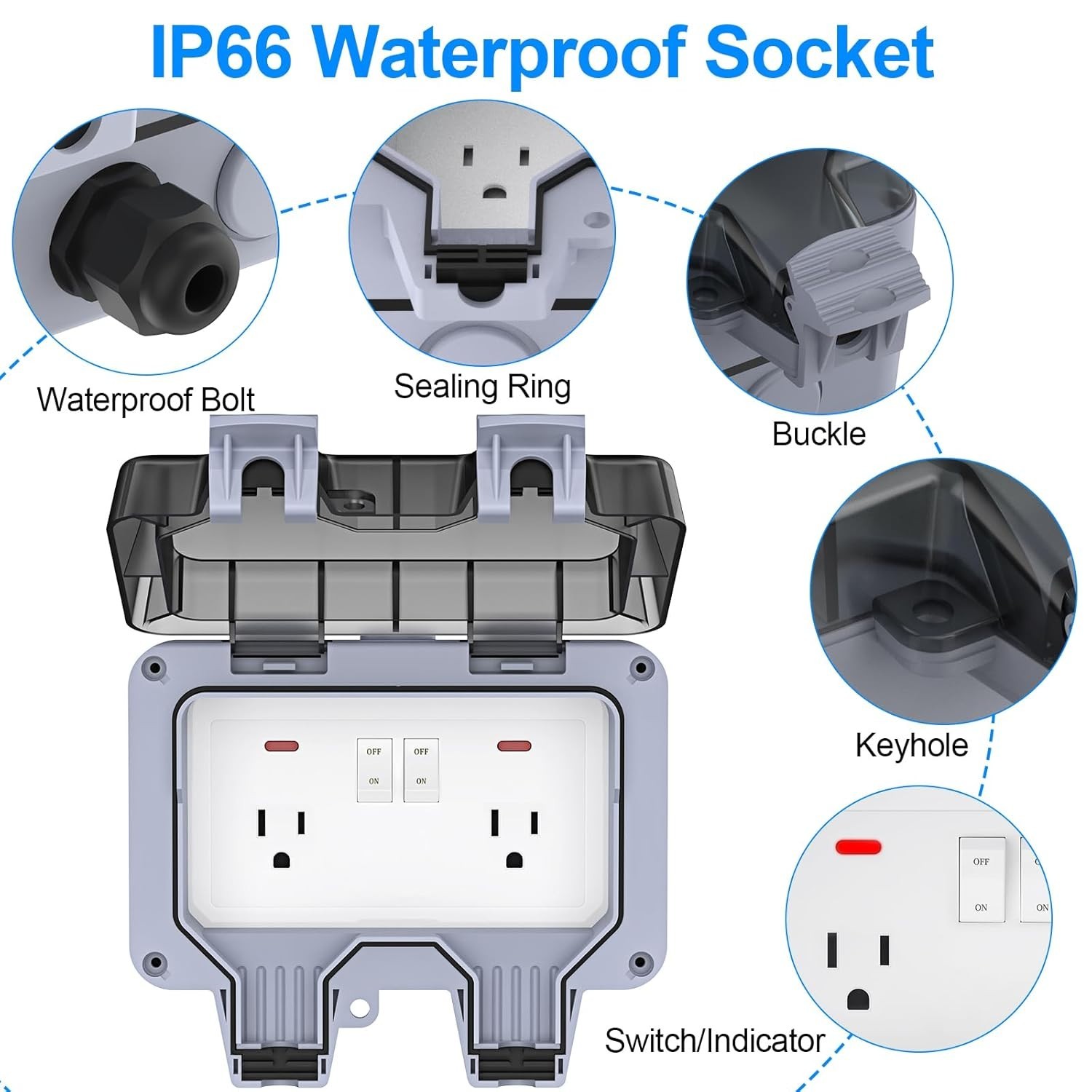 Double Weatherproof Outdoor Socket with Switch, Rated