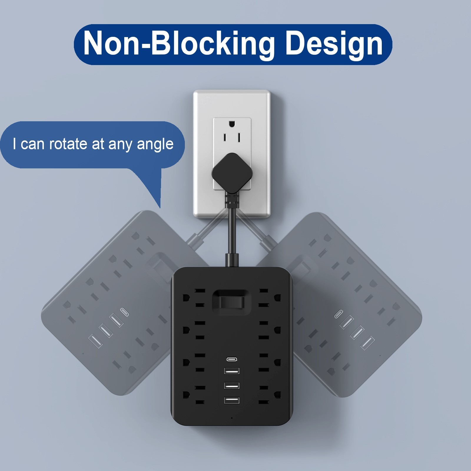 8 Outlets Power Strip with USB-C Port, 1700J Surge Protection, US Wall Mount