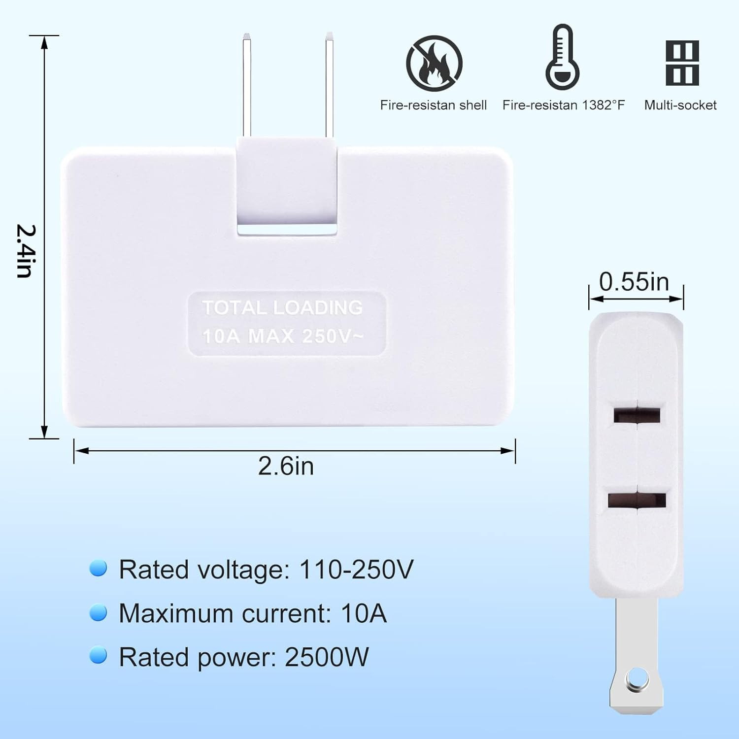 3 Pack Flat Wall Plug Adapter 3 Outlet Rotating Foldable Space Saver