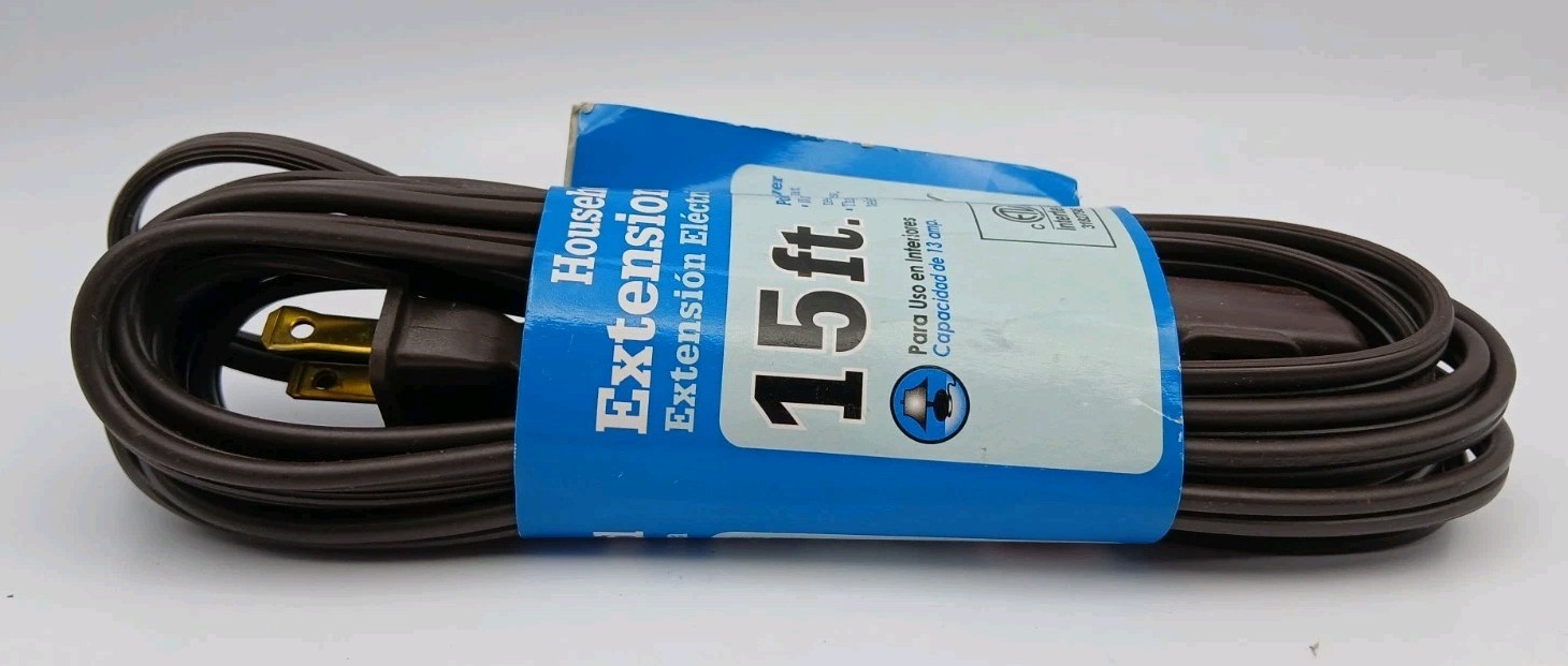 Intertek Walmart 15FT 16AWG 2 Prong Brown Indoor Extension Cord 13amp 125 Volts