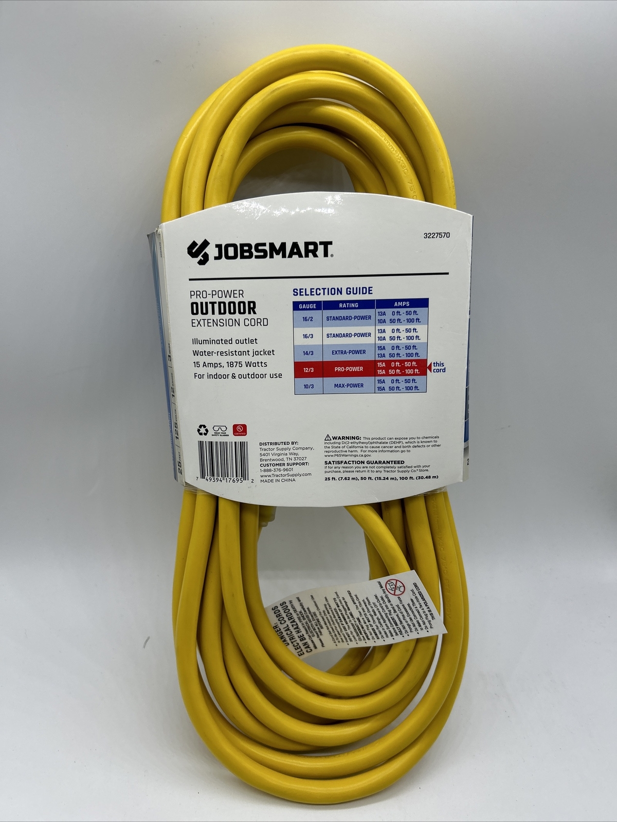 Jobsmart Pro-Power Outdoor Extension Cord 3 PLUG 25 FEET 125 VOLTS 12 GAUGE