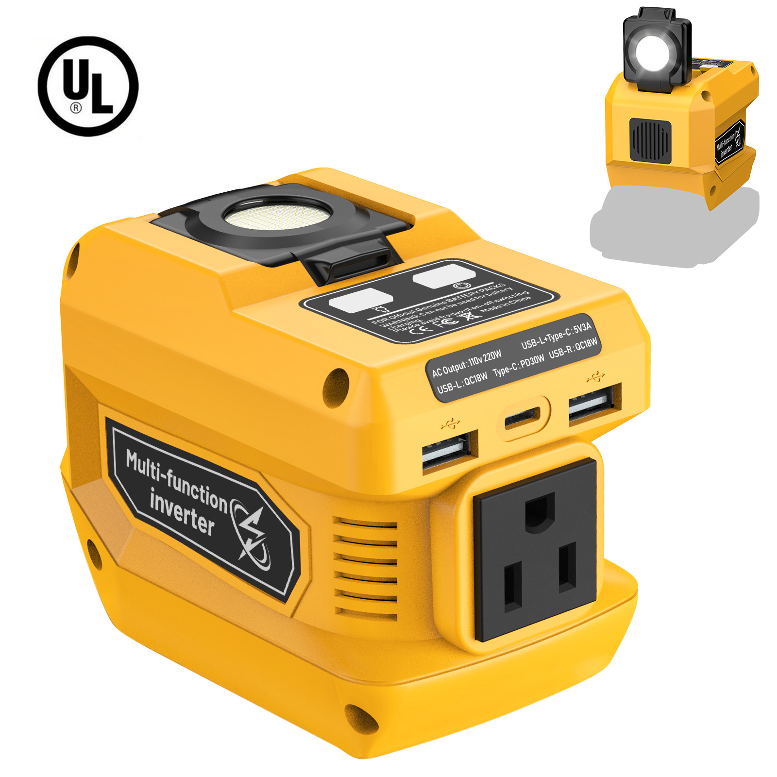 DC 20V to AC 110V Power Inverter Compatible with Dewalt 20V Battery 220W Output