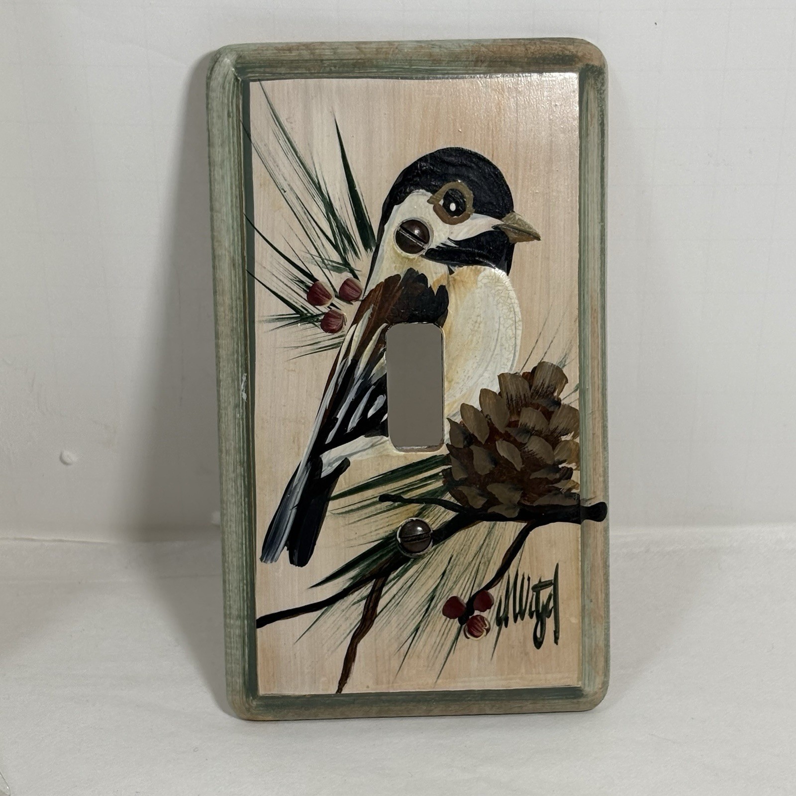Vintage Hand Painted Chickadee Single Switch Plate Wood Artist Signed Toggle