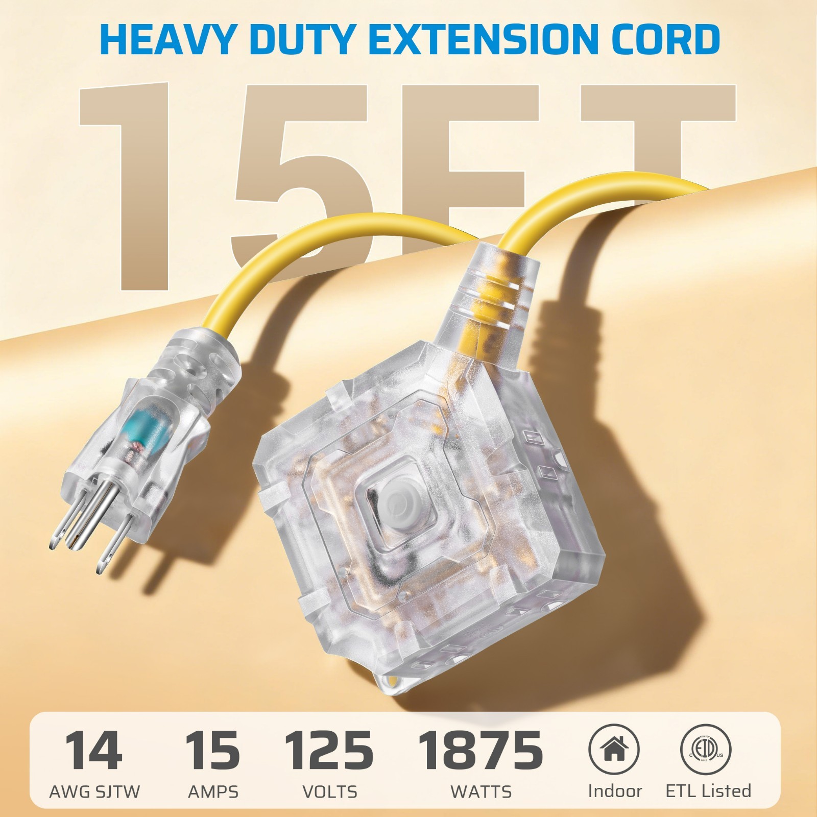 DEWENWILS 15FT Heavy Duty Extension Cord 14AWG, 6 Outlets, Waterproof Switch