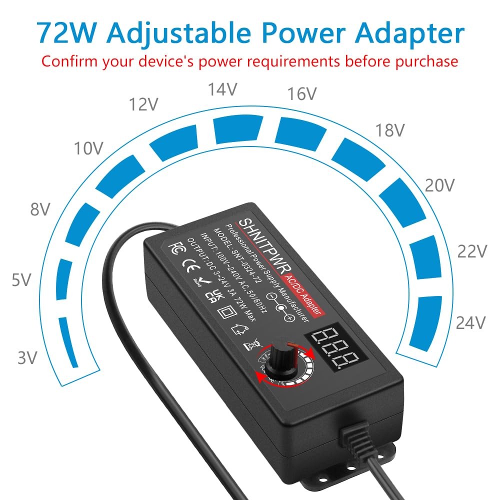 SHNITPWR 3V ~ 24V 3A 72W Power Supply Adjustable DC 5V 6V 9V 72W, Black
