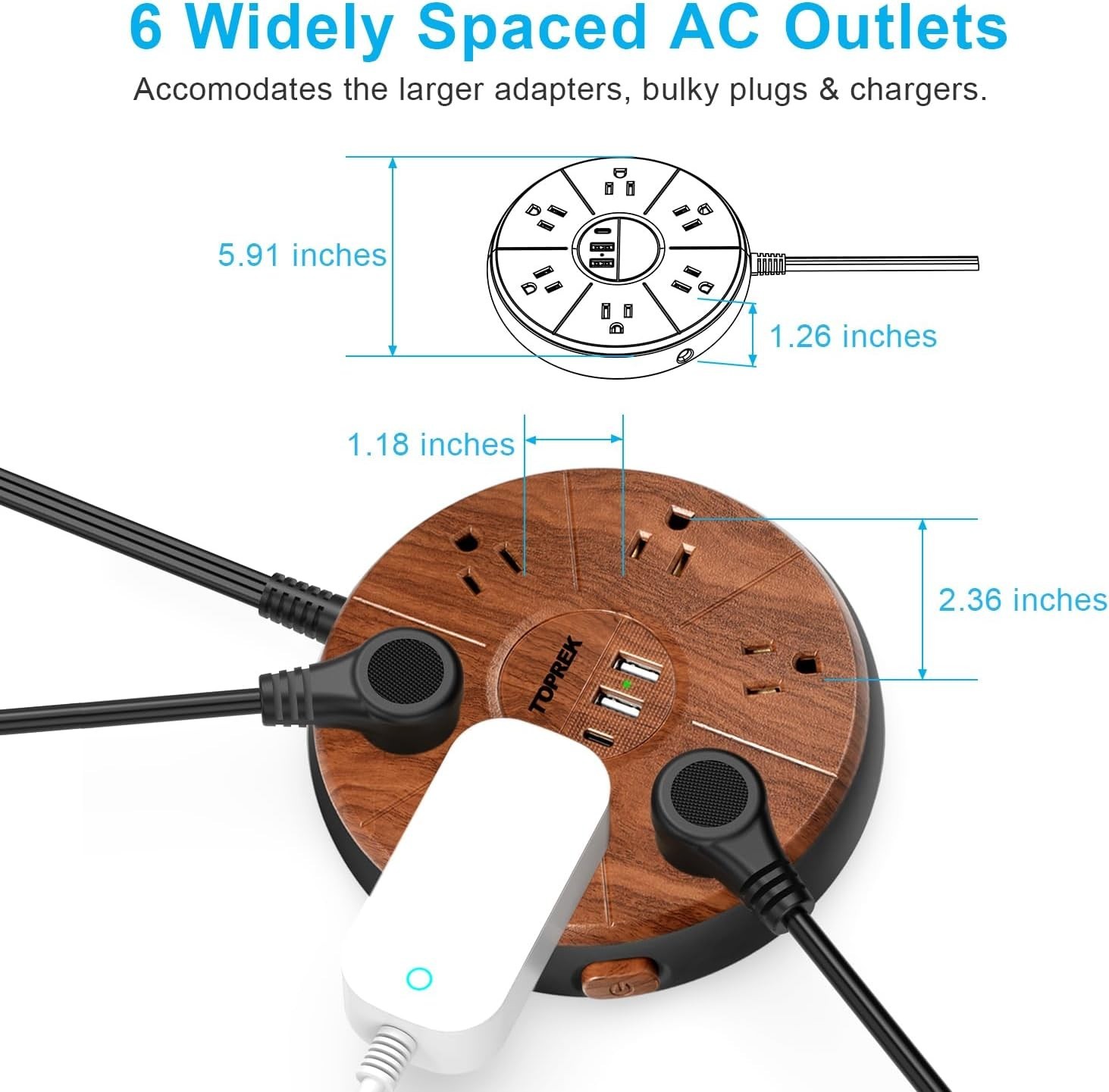 Power Strip with USB – 6 Outlets, 1 USB-C 20W PD, 2 USB-A – Wood Finish Power…