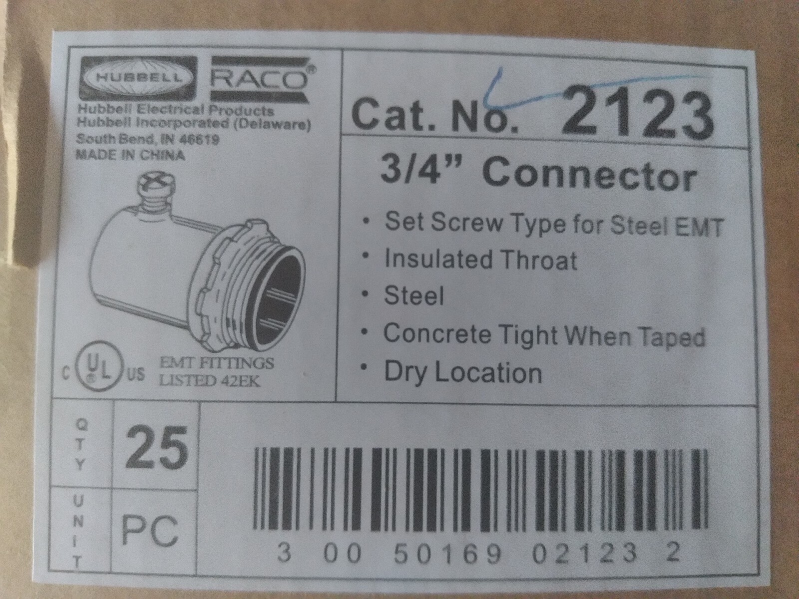 Hubbell 3/4″ Connector Set Screw Type Insulated Throat Steel, New 25 Count
