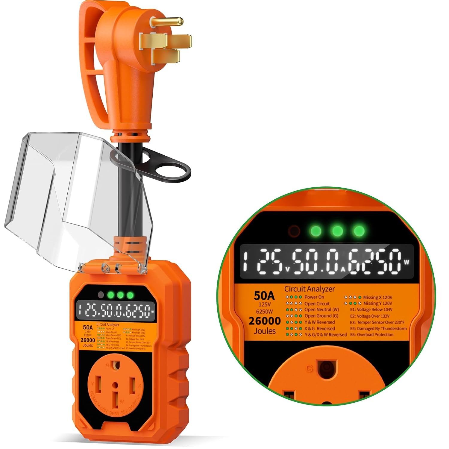 50 Amp RV Surge Protector Auto Shutoff Manual Reset LED Display 26000J