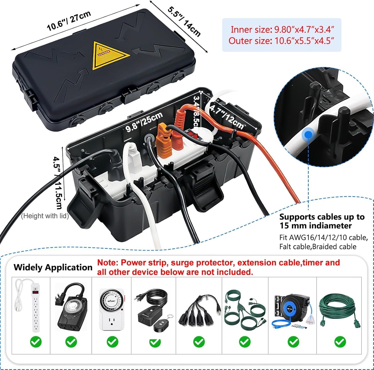 Outdoor Waterproof Electrical Box Extension Cord Cover IP54 Cable Organizer Blac