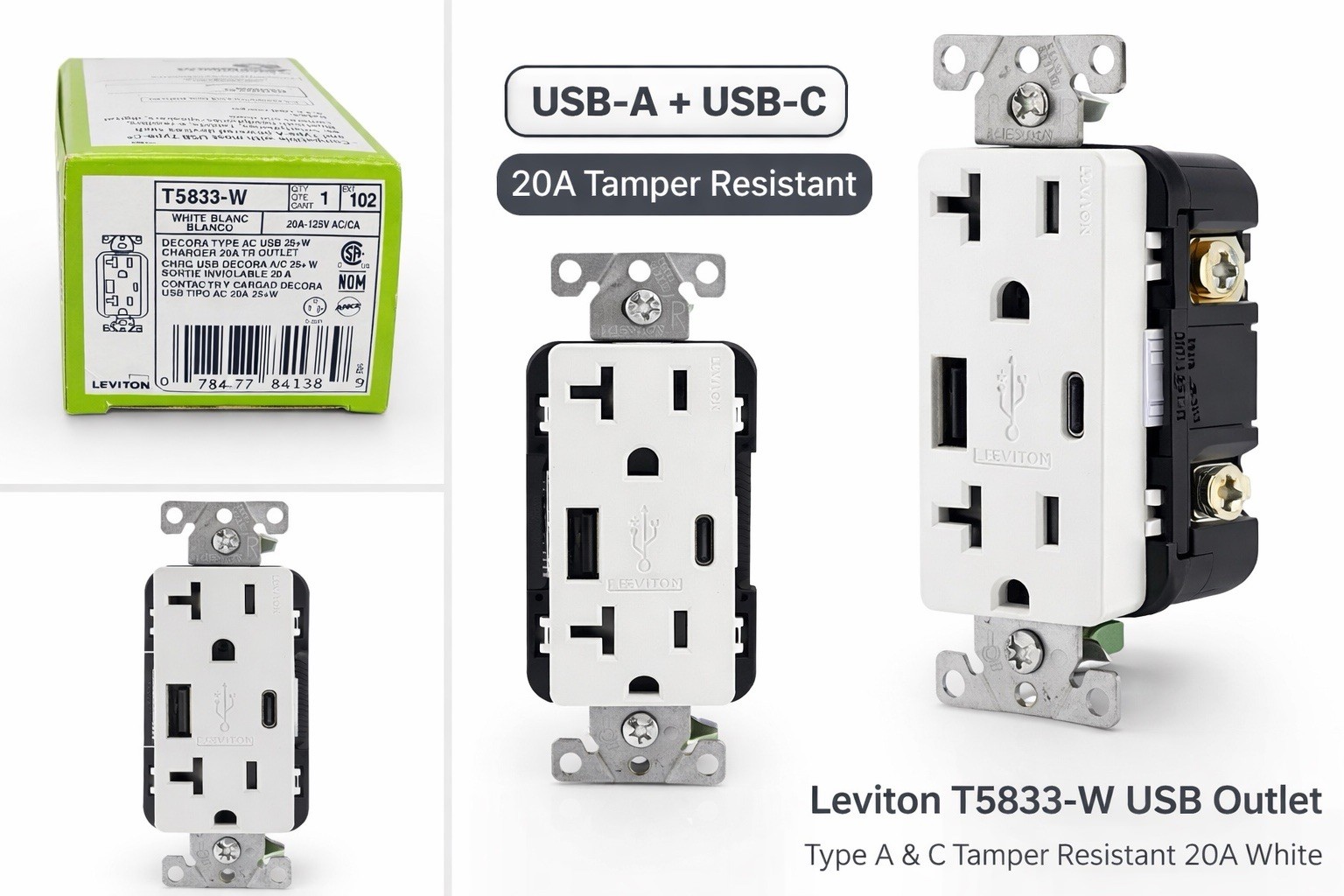 Leviton T5833-W USB Type A & C Tamper Resistant 20A Duplex Outlet White