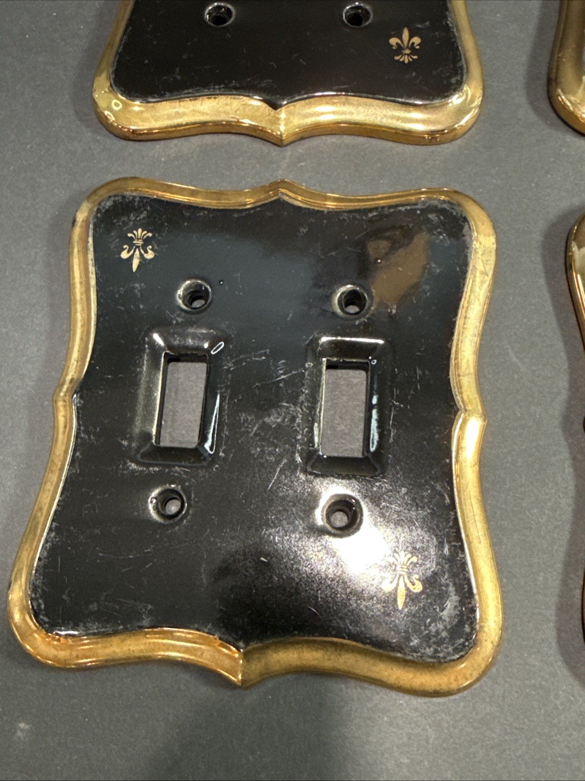 Vintage Reclaimed Porcelain Enamel Double Light Switch Covers Black & Gold X4