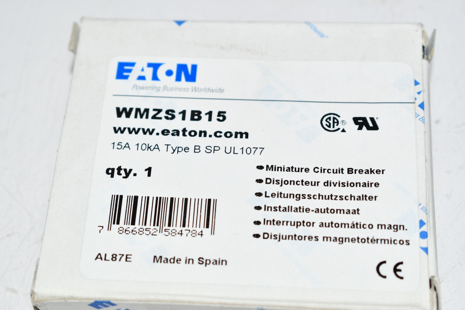 NEW Eaton Cutler Hammer WMZS1B15 CIRCUIT BREAKER, UL1077 MCB 15 AMP B CURVE 1 PO