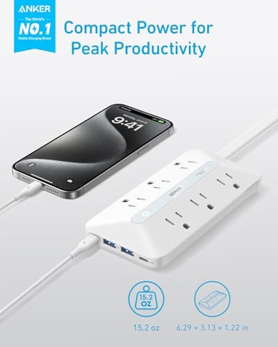 Power Strip Surge Protector 6 Outlets 2 USB C 2 USB 5ft Flat Extension Cord
