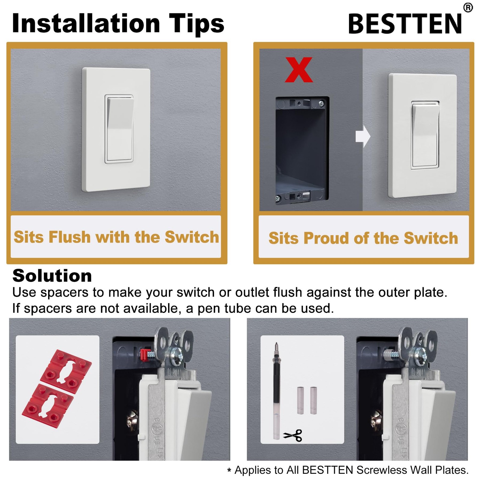 BESTTEN 2 Gang Screwless Wall Plate, 10 Pack, USWP4 Off White Series, Decorat…
