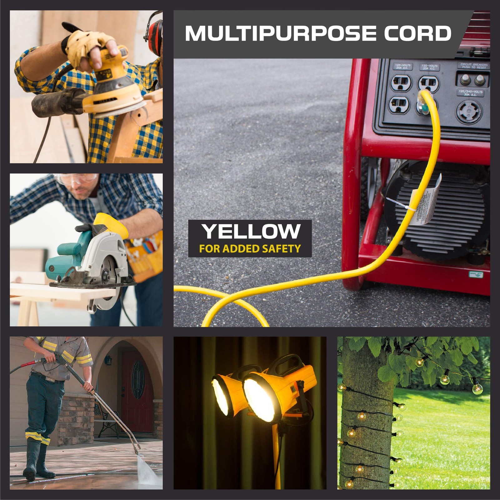 10 Foot Lighted Outdoor Extension Cord – Yellow 10 Gauge 3 Prong Grounded Plug
