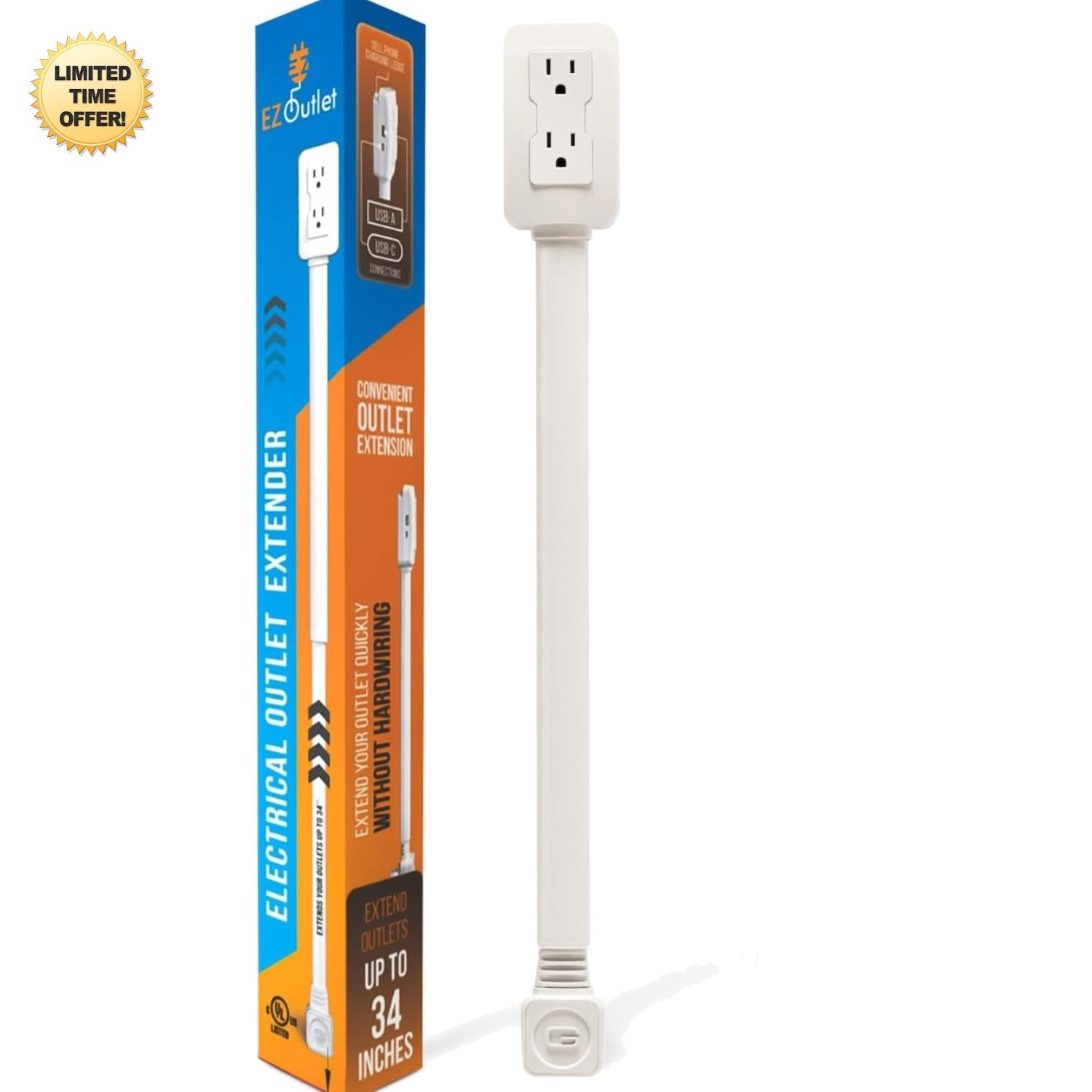 Electrical Outlet Extender with USB-A, USB-C, 2AC Outlets, 22-34 Inch Adjusta…