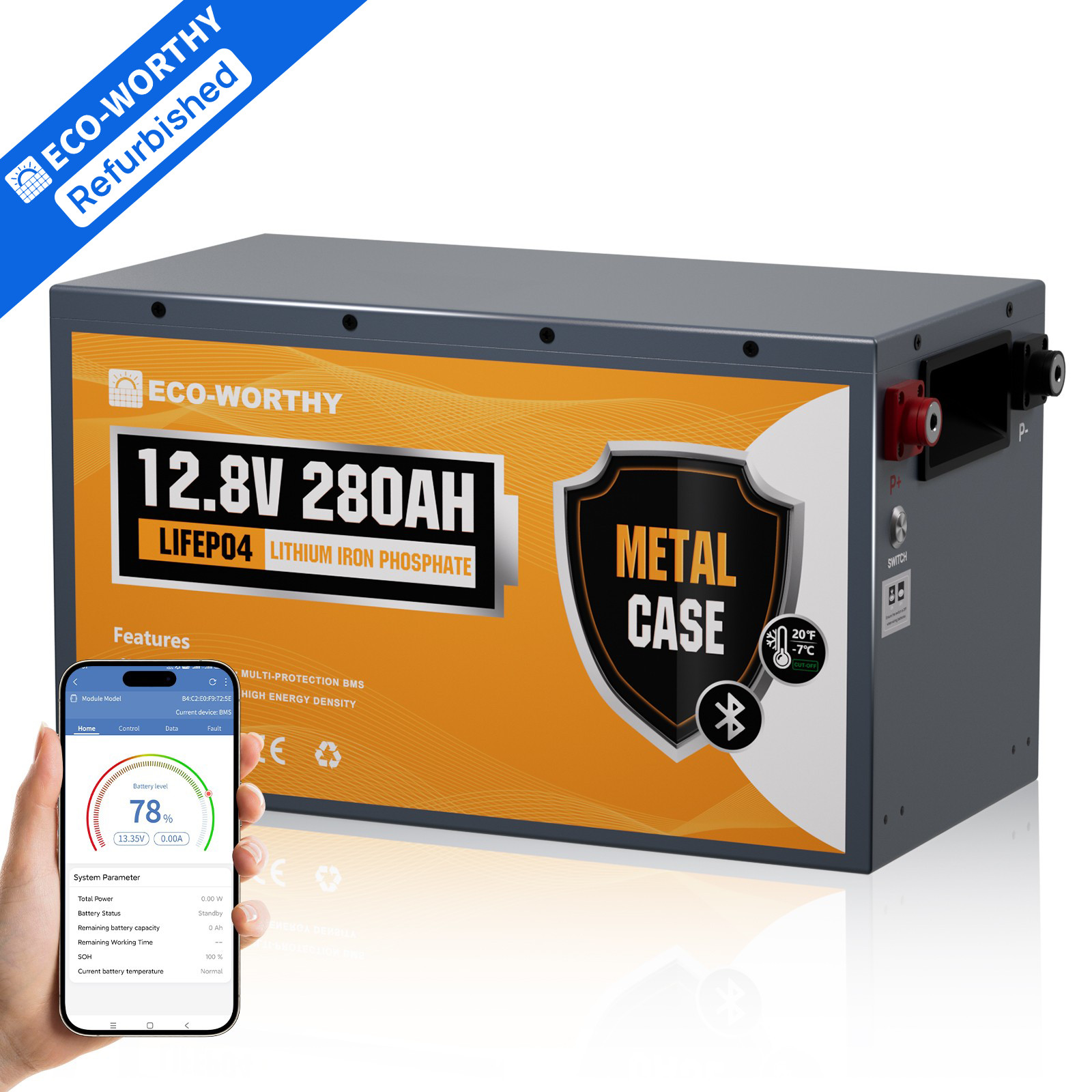 ECO-WORTHY 12V 280Ah 3584Wh Bluetooth Metal Case LiFePO4 Lithium Battery For RV