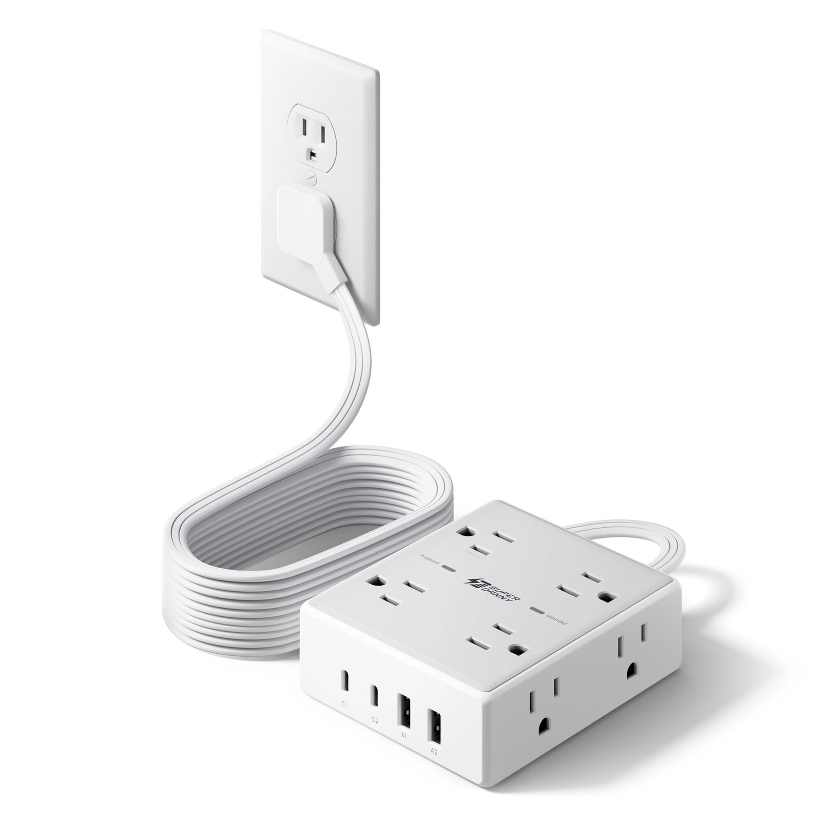 SUPERDANNY Extension Cord Flat Plug Surge Protector Power Strip 10Ft 8 AC & 4