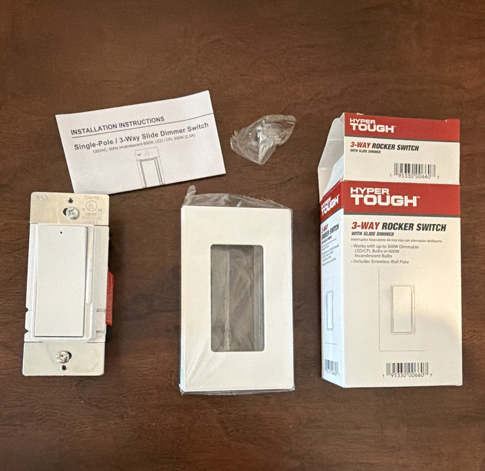 Hyper Tough DM19-WH 3-Way Rocker Switch Slide Dimmer 120VAC 2.5A White
