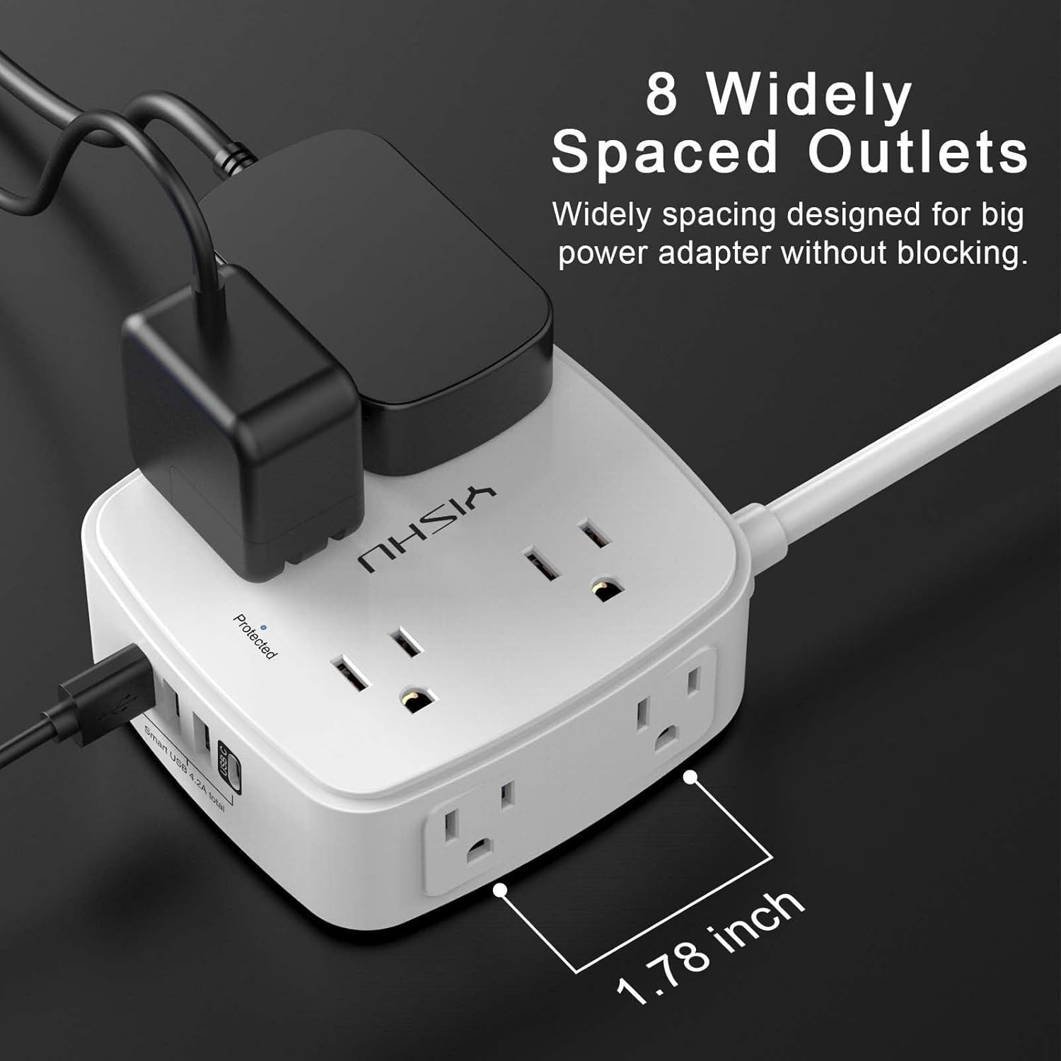 6FT Surge Protector Power Strip, 8 Widely Outlets with 4 USB Ports 3 Side Outlet