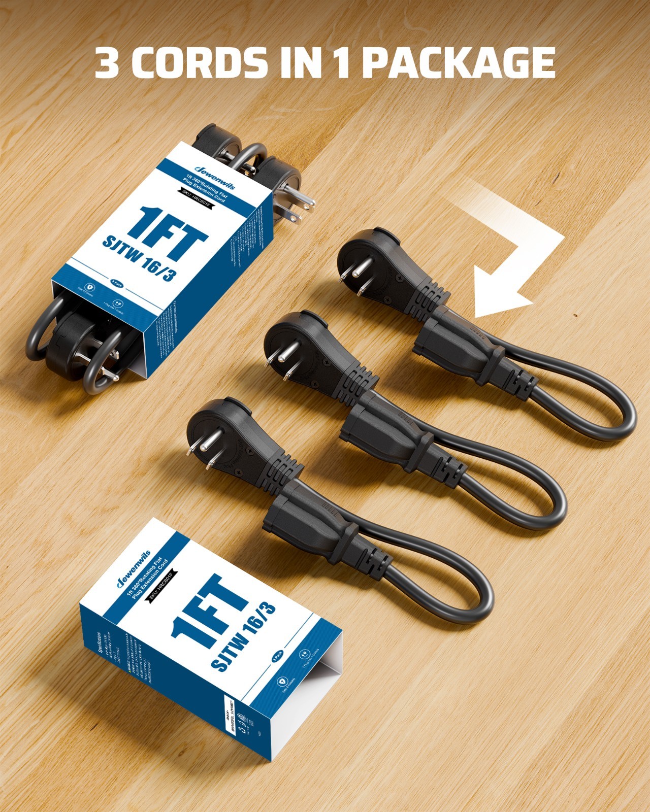 DEWENWILS 360 Rotating Flat Plug Extension Cord 1FT Short Power Cord 3PK