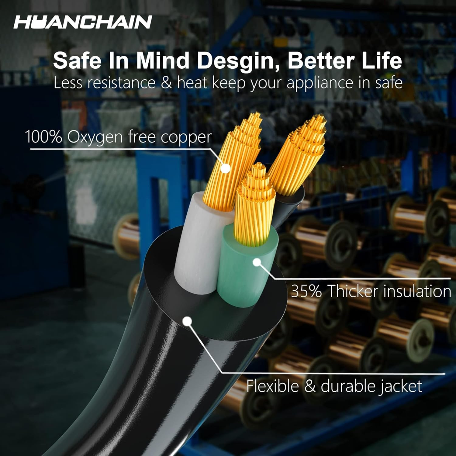 HUANCHAIN 4 FT 16 Gauge Black Indoor Outdoor Extension Cord Waterproof, Flexible