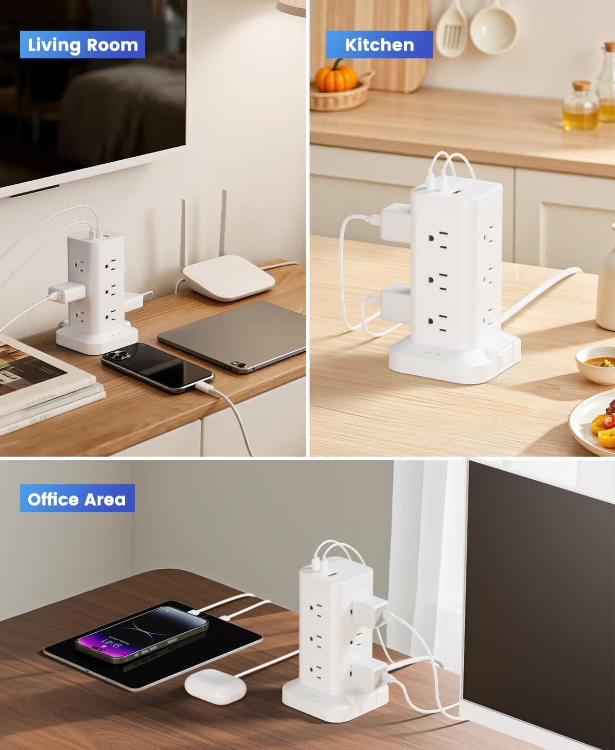 15-In-1 Power Strip Tower with Surge Protector 1800J, Fast Charging Tower PD20W