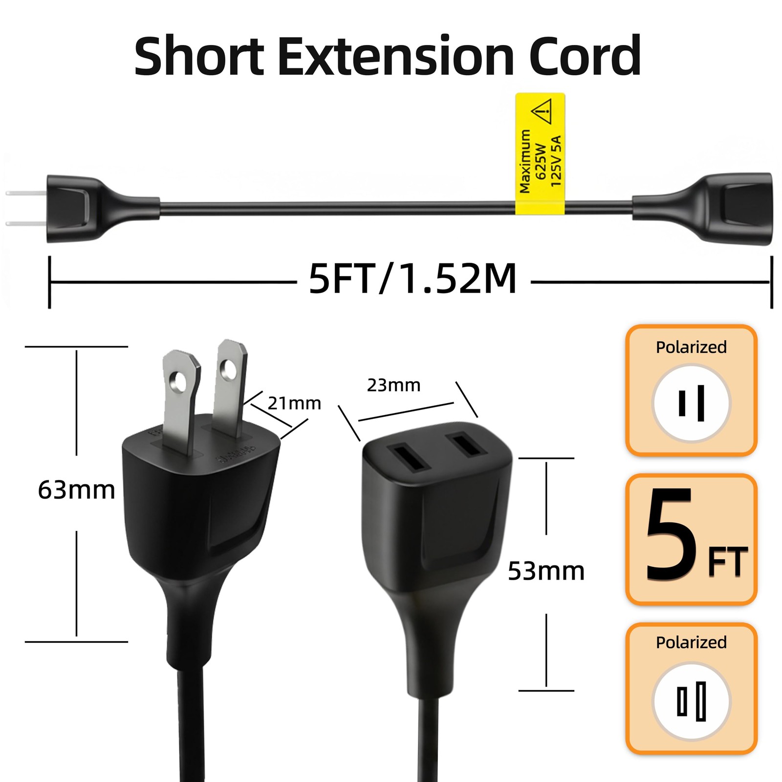 5FT Black Power Extension Cords, 2-Prong, 2 Outlets, 125V 5A 625W (1 Pack)