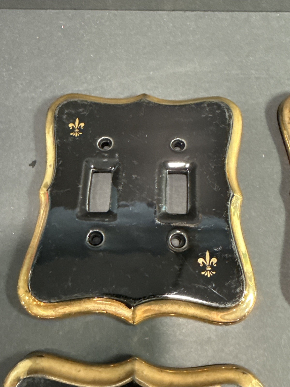 Vintage Reclaimed Porcelain Enamel Double Light Switch Covers Black & Gold X4