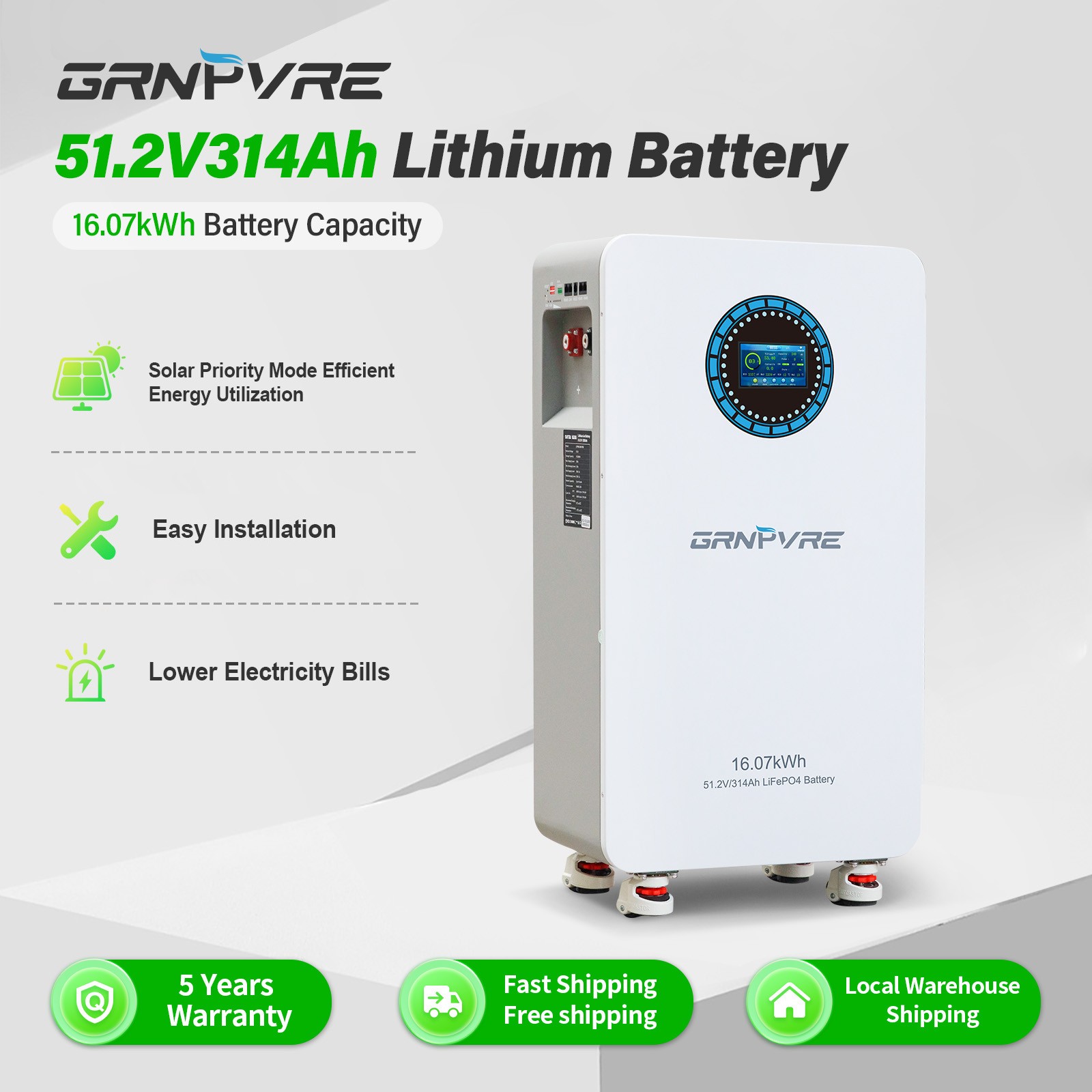 8* 51.2V 314Ah LiFePO4 Lithium Battery 16.07kWh For Home Solar Energy Storage PV