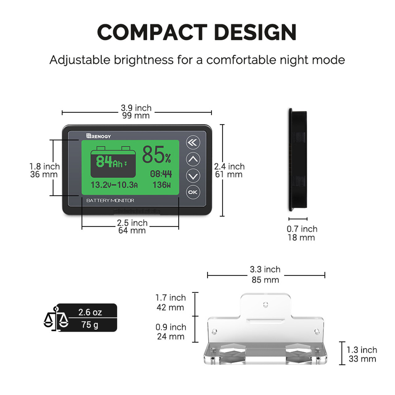 Renogy 500A Battery Monitor w/ Shunt Voltage Programmable Alarm 12V Tester