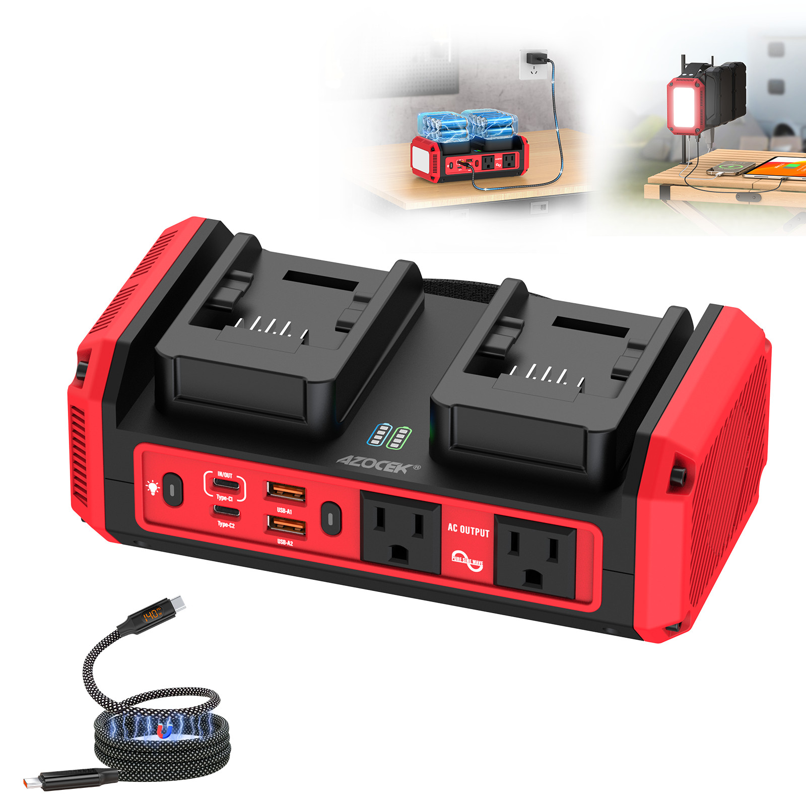 350W Pure Sine Wave Inverter for Milwaukee 18V Battery PD 140W GaN Outlet