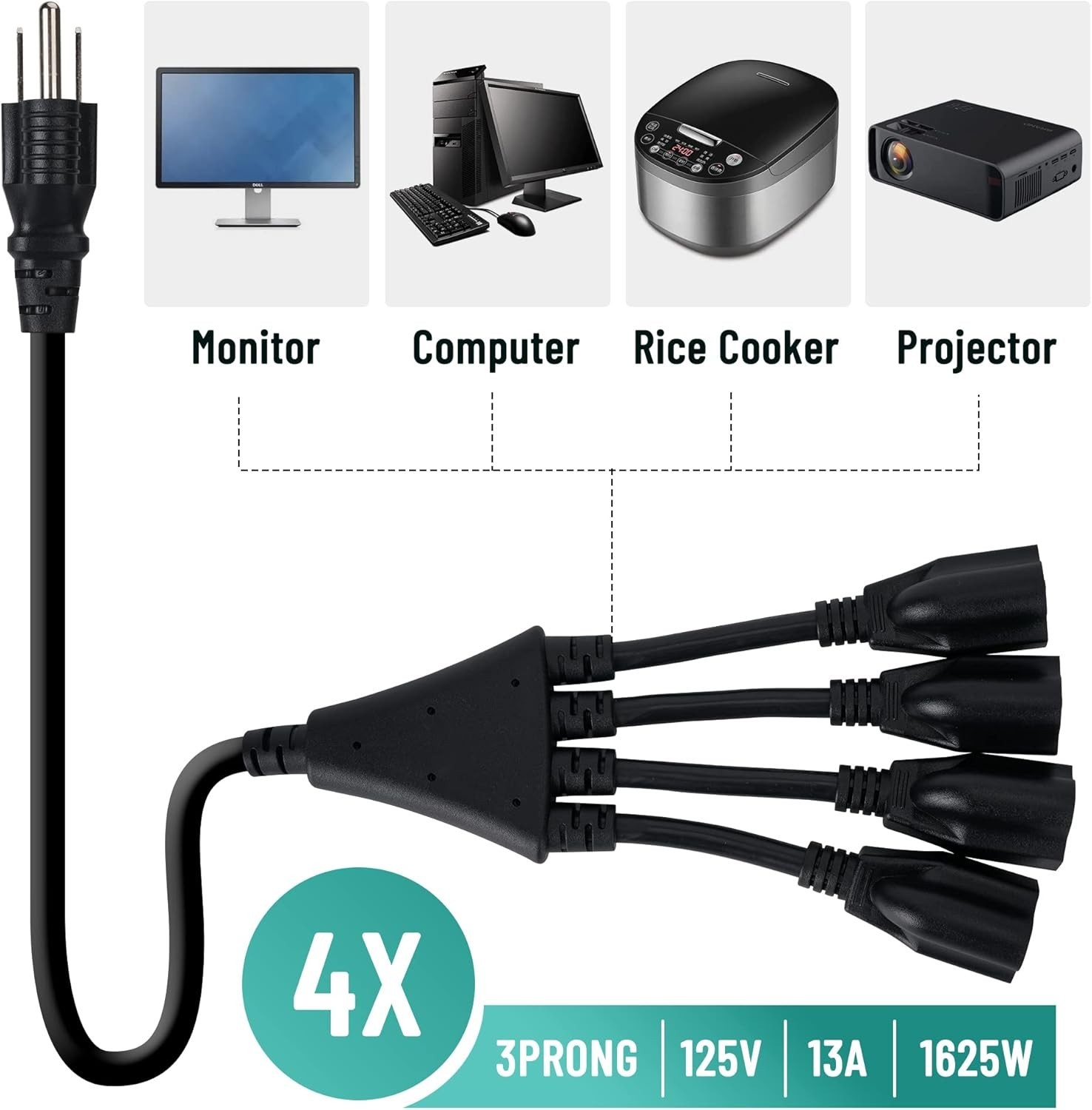 4 Way Power Cord Splitter Cable-3 Prong 1 to 4 Extension Cord-Outlet Saver- Male