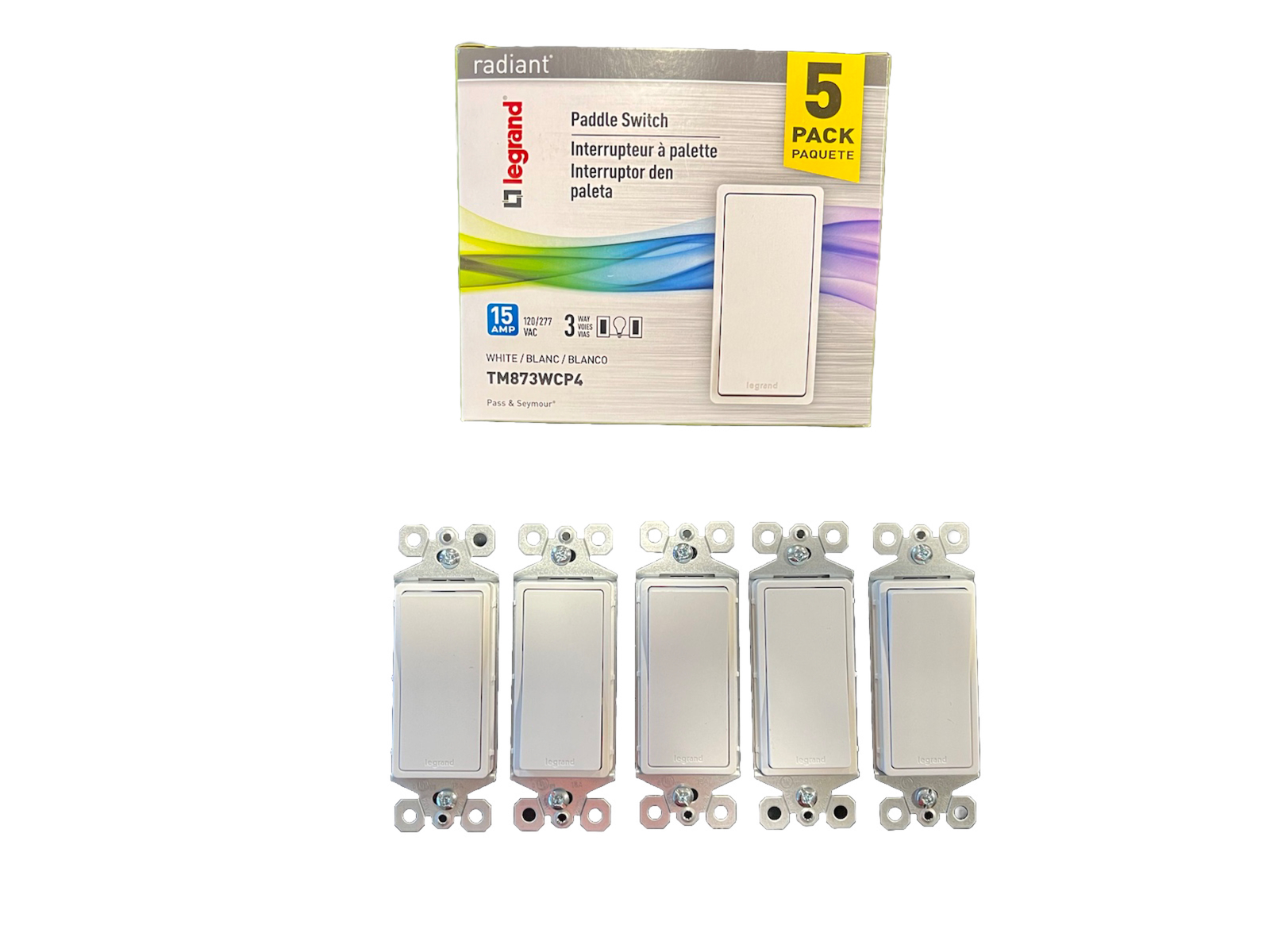 20 White Paddle Switch Legrand P&S Radiant, 15 Amp 3 Way Switch, New TM873WCP4
