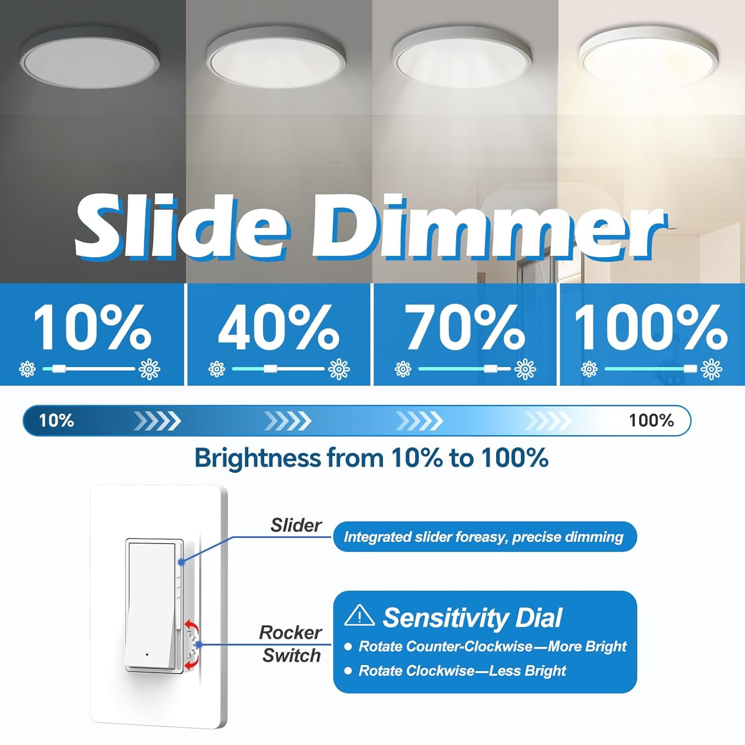 5 Pack Slide Dimmer Light Switch, Single Pole or 3-Way LED Dimmer Switch, for 30