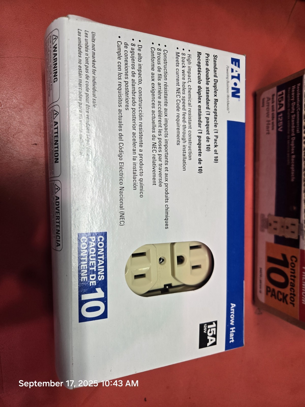 10 Pack EATON 15 AMP Standard Duplex Receptacle -IVORY- #BR15V-10-LW