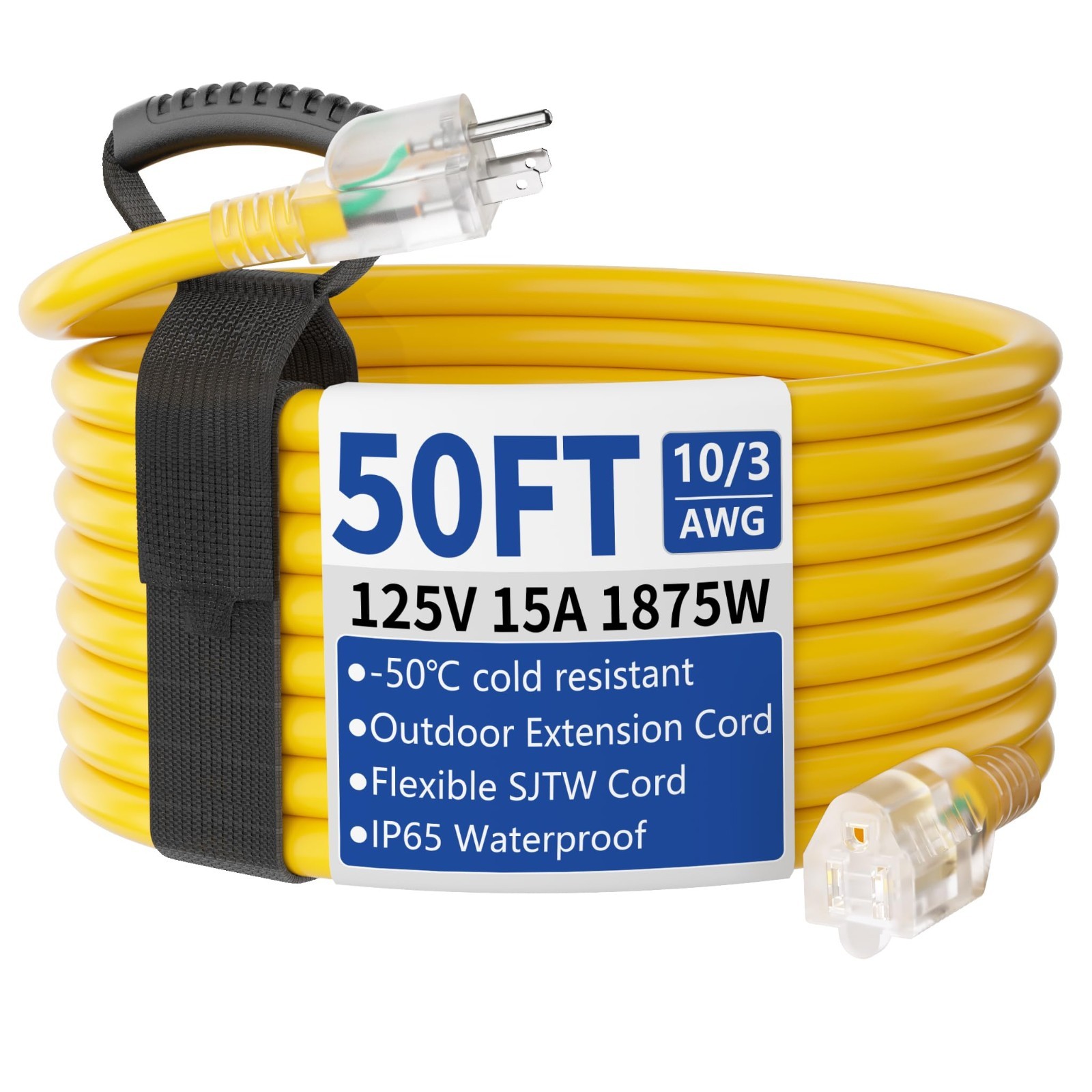 50ft Heavy Duty Extension Cord, 10/3 Gauge, Waterproof, Flexible, Lighted 15A 12