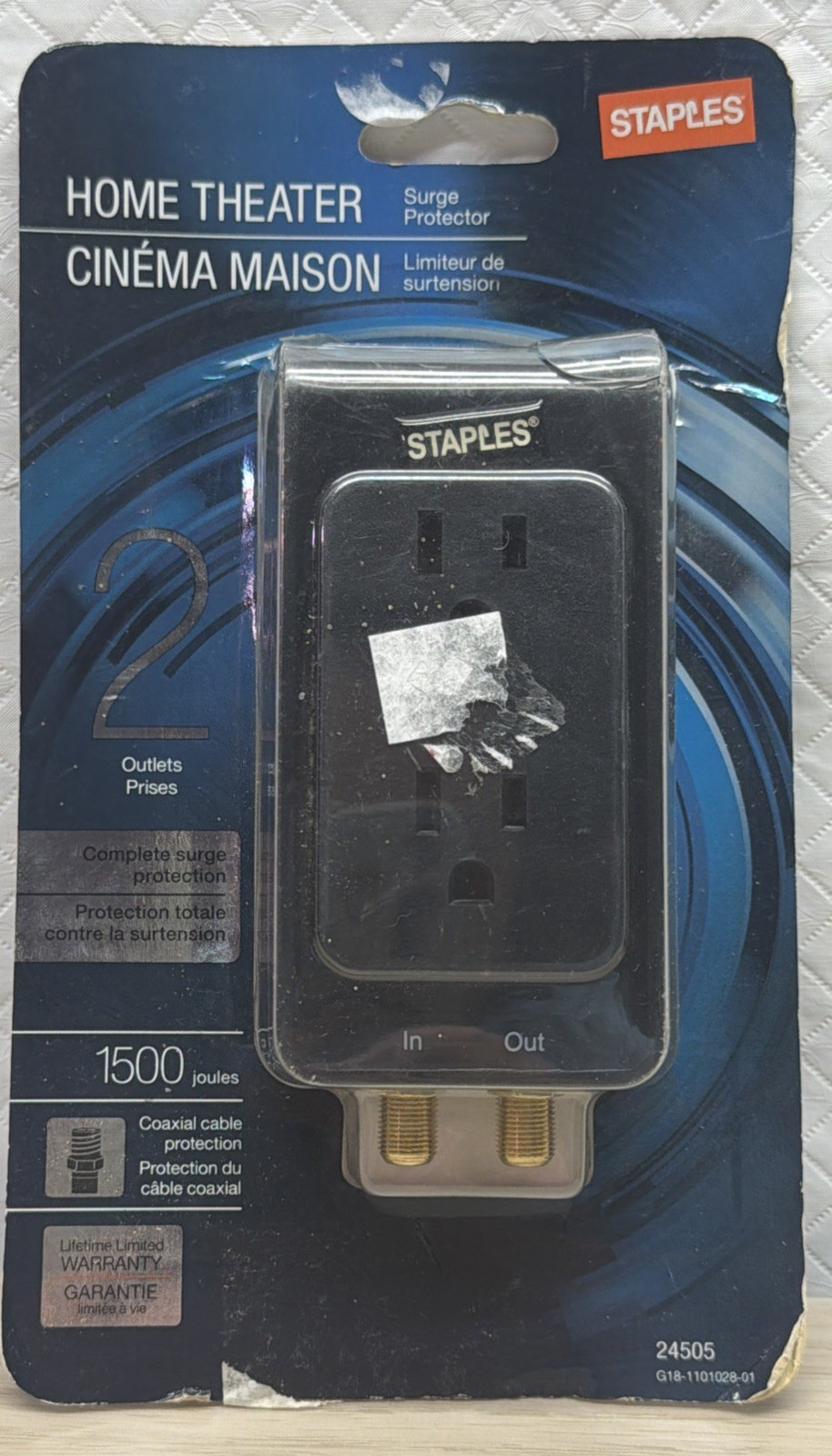 Staples 2 Outlet 1500 Joules Home Theatre Surge Protector Coaxial Cable 24505