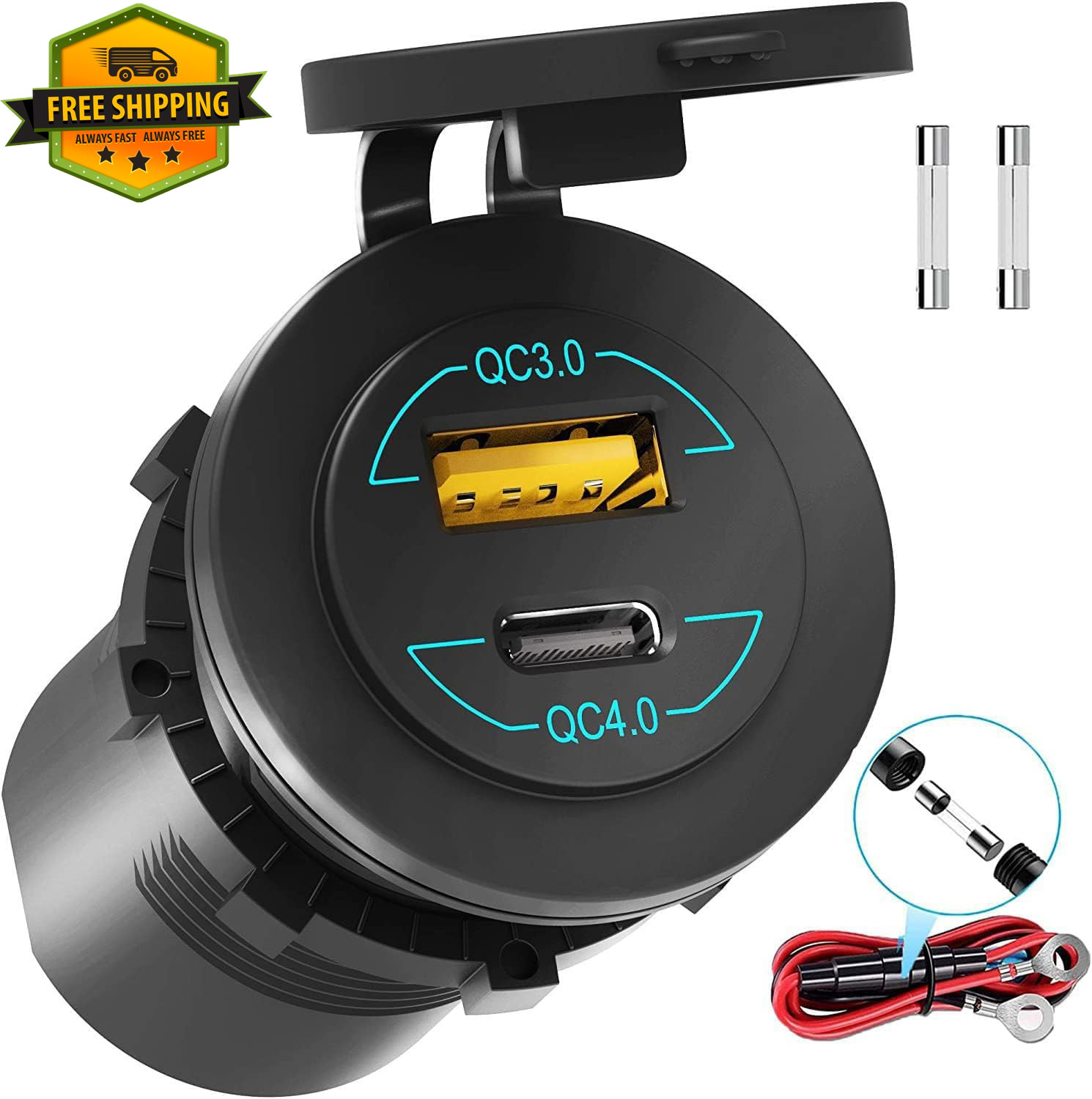 12V USB C Car Charger Socket QC4.0 PD3.0 90W Waterproof LED Outlet