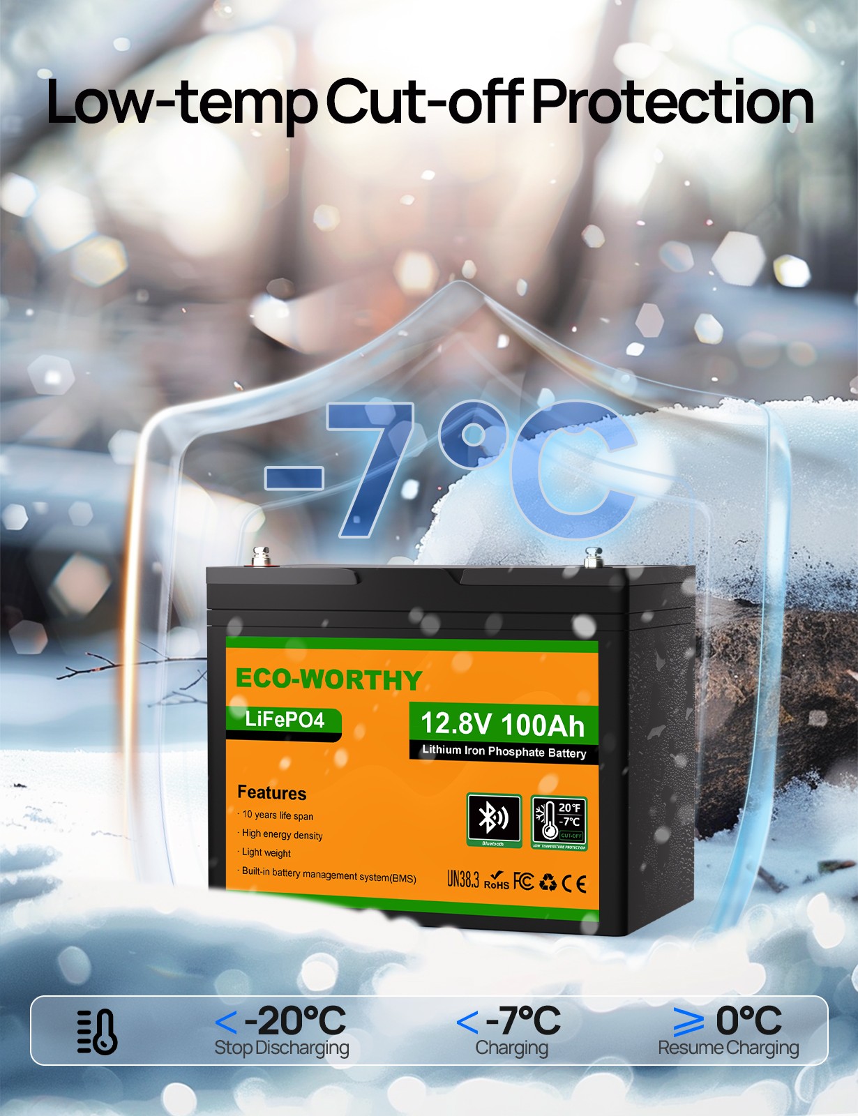 ECO-WORTHY 1280Wh 12V 100AH LiFePO4 Lithium Battery Bluetooth For RV Camping